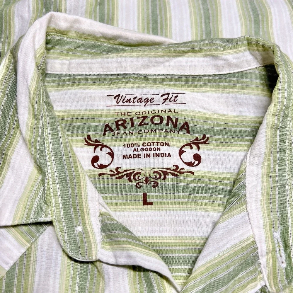 Arizona‎ Mens Size L Green White Stripe Vintage Fit Short Sleeve Pearl Snaps